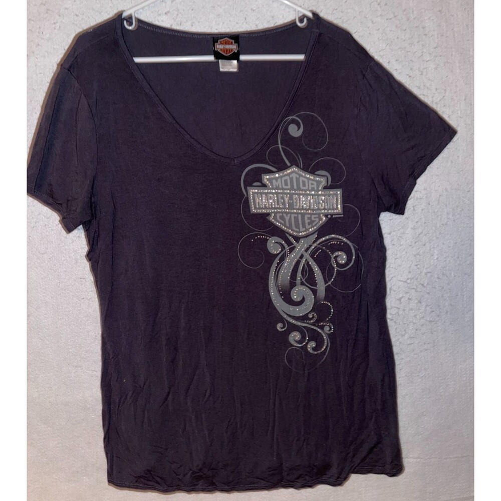 Harley Davidson Womens 2XL V-Neck Graphic Tee Bling Rhinestone Diamond
